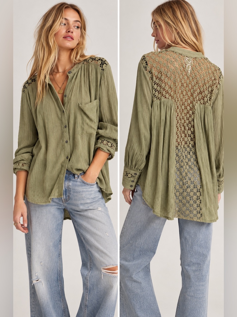 Free People The Best Blouse Large Olive Crochet Back Button Up